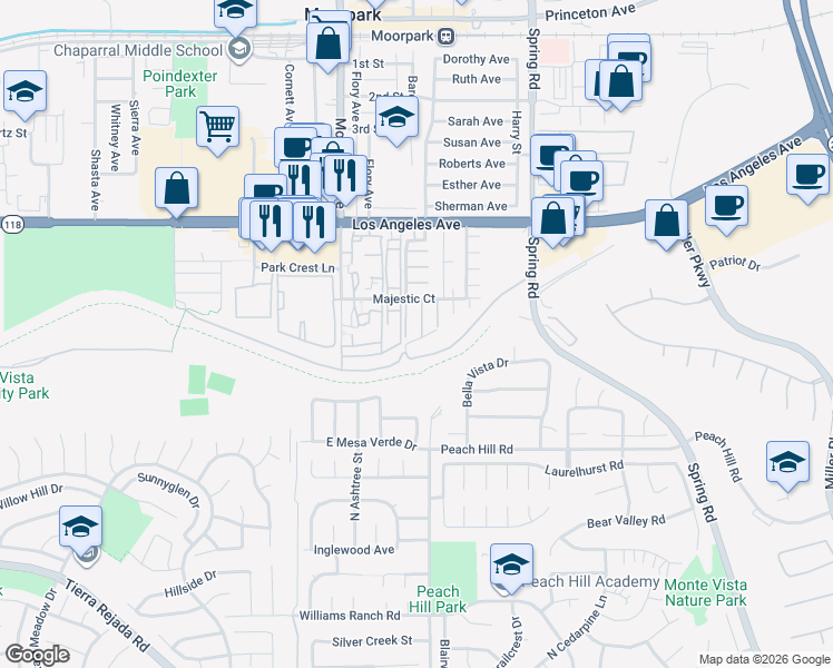 map of restaurants, bars, coffee shops, grocery stores, and more near 4705 Dartmoor Court in Moorpark