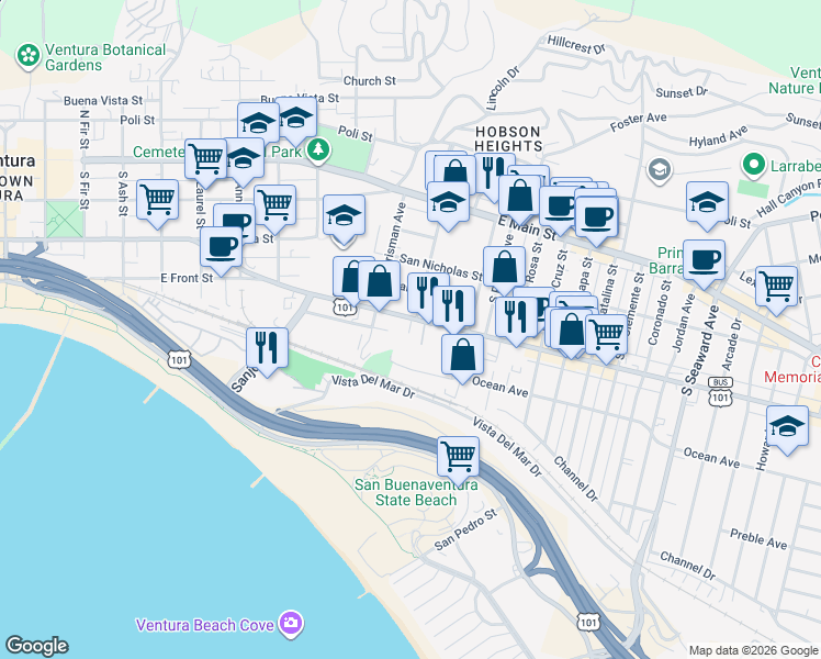 map of restaurants, bars, coffee shops, grocery stores, and more near East Thompson Boulevard in Ventura