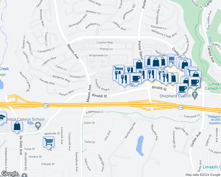 map of restaurants, bars, coffee shops, grocery stores, and more near 11228 Paseo Del Cielo in Los Angeles