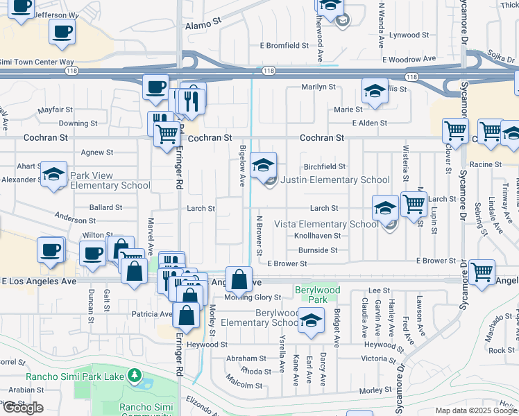 map of restaurants, bars, coffee shops, grocery stores, and more near Larch Street & North Brower Street in Simi Valley