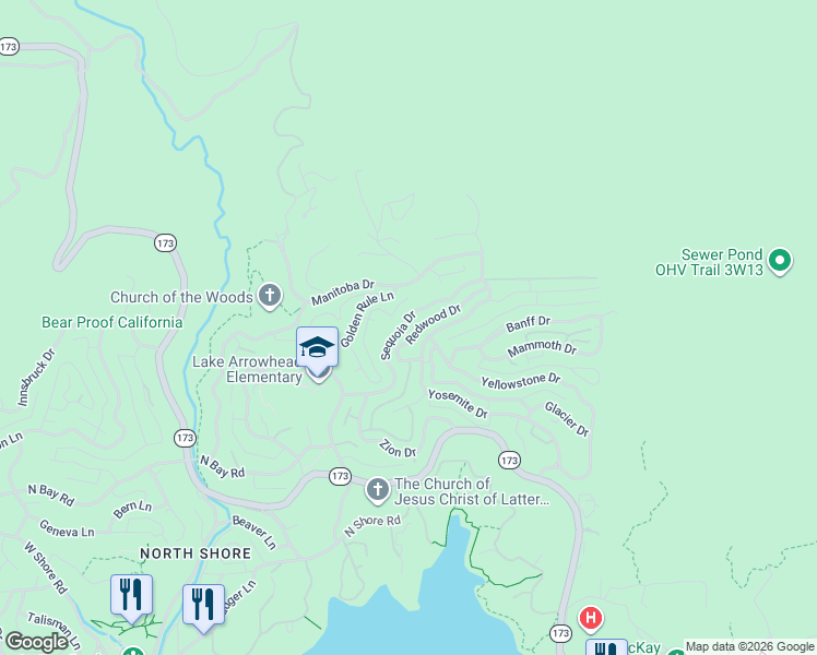 map of restaurants, bars, coffee shops, grocery stores, and more near 1405 Sequoia Drive in Lake Arrowhead
