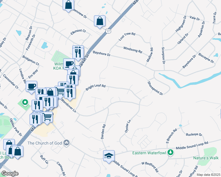map of restaurants, bars, coffee shops, grocery stores, and more near 7408 Heartwood Place in Wilmington