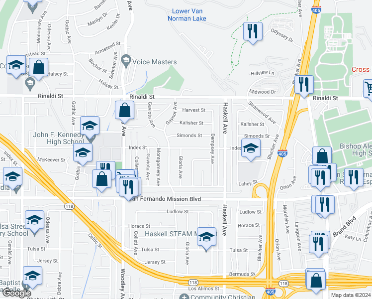 map of restaurants, bars, coffee shops, grocery stores, and more near 15932 Index Street in Los Angeles