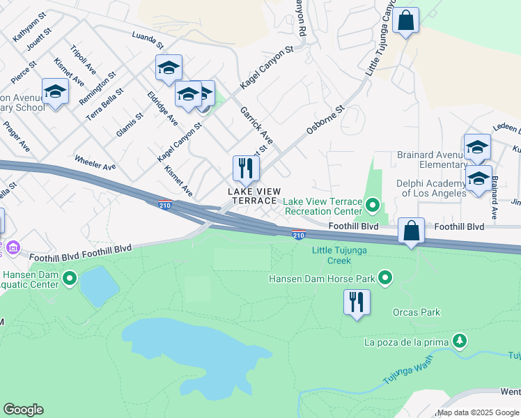 map of restaurants, bars, coffee shops, grocery stores, and more near 11300 Foothill Boulevard in Los Angeles