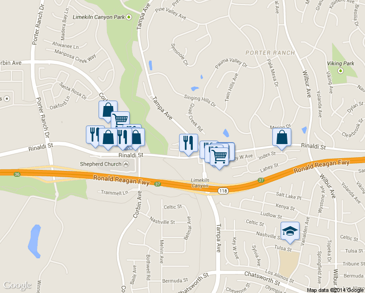map of restaurants, bars, coffee shops, grocery stores, and more near 19501 Rinaldi Street in Los Angeles