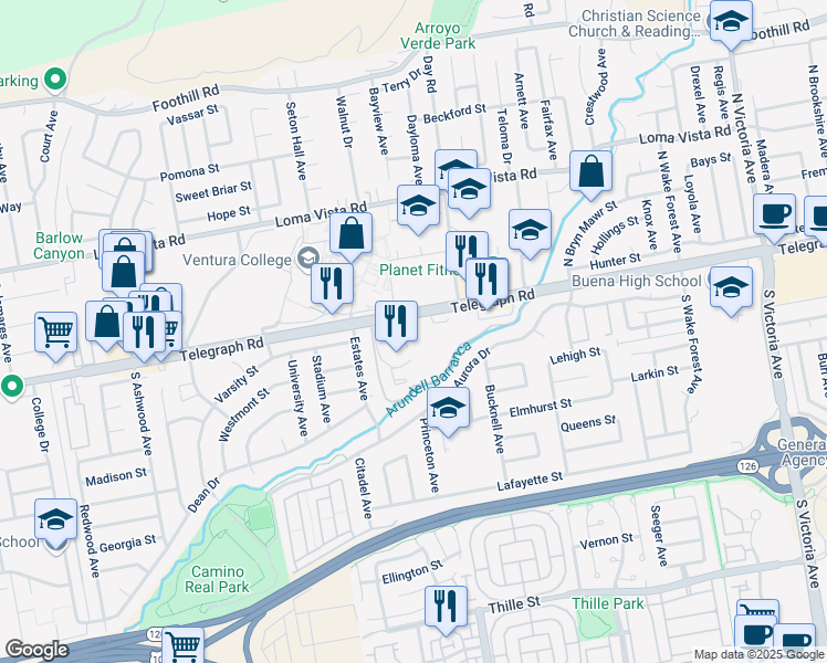 map of restaurants, bars, coffee shops, grocery stores, and more near 4900 Telegraph Road in Ventura