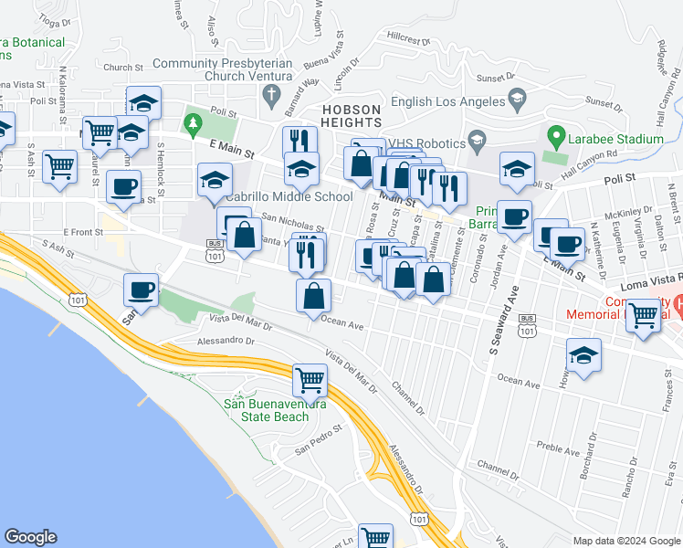 map of restaurants, bars, coffee shops, grocery stores, and more near 1817 East Thompson Boulevard in Ventura