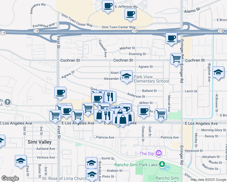 map of restaurants, bars, coffee shops, grocery stores, and more near 1442 Anderson Street in Simi Valley