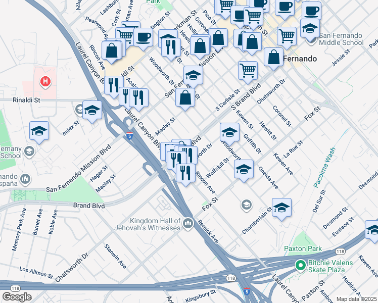 map of restaurants, bars, coffee shops, grocery stores, and more near 14450 Brand Boulevard in San Fernando