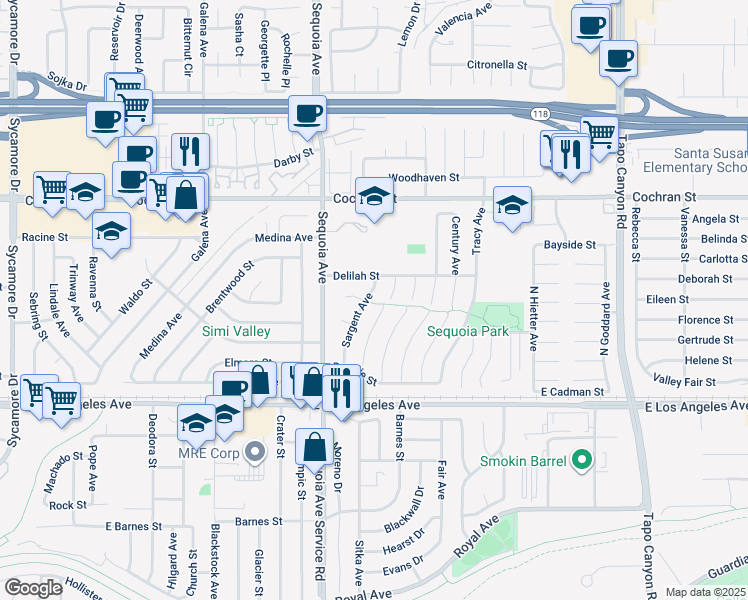 map of restaurants, bars, coffee shops, grocery stores, and more near 2206 Sargent Avenue in Simi Valley