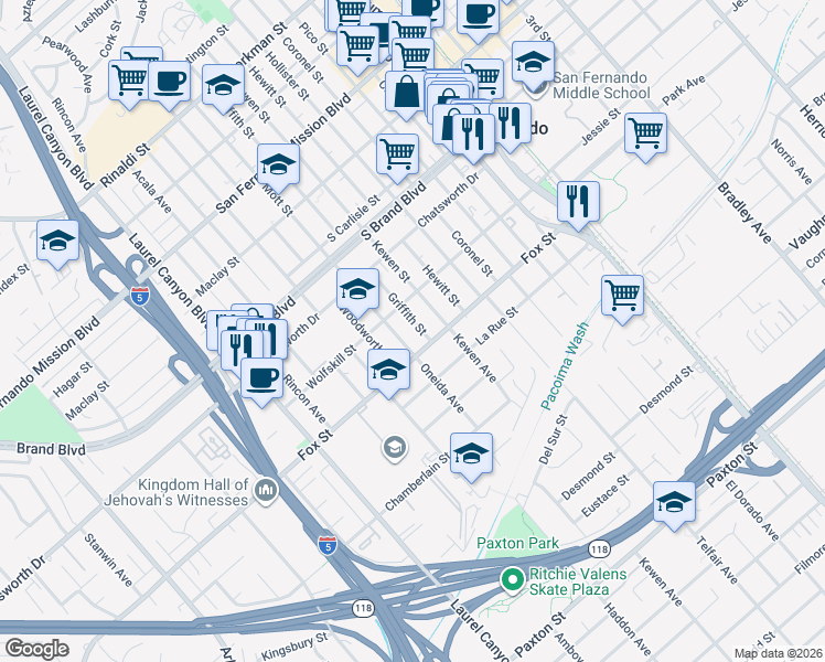 map of restaurants, bars, coffee shops, grocery stores, and more near 622 Griffith Street in San Fernando