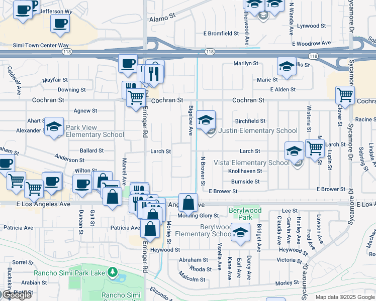 map of restaurants, bars, coffee shops, grocery stores, and more near 2191 Bigelow Avenue in Simi Valley