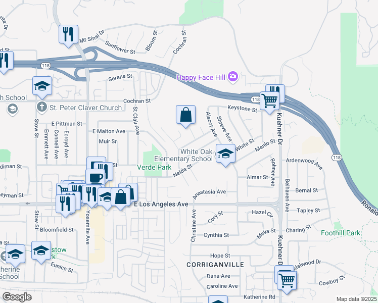 map of restaurants, bars, coffee shops, grocery stores, and more near 6143 Goshen Street in Simi Valley