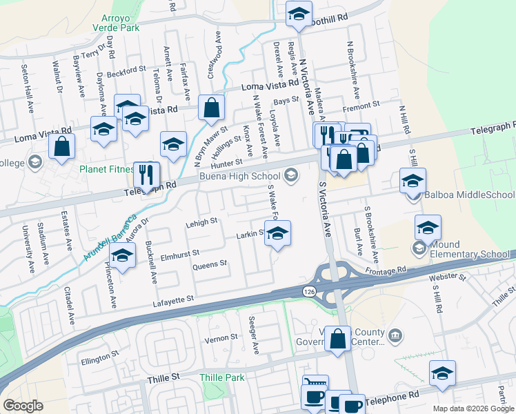 map of restaurants, bars, coffee shops, grocery stores, and more near 5644 Amherst Street in Ventura