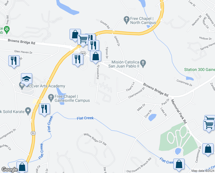 map of restaurants, bars, coffee shops, grocery stores, and more near 2905 Florence Drive in Gainesville