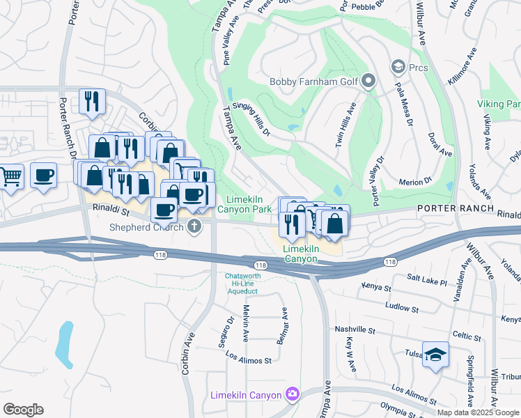 map of restaurants, bars, coffee shops, grocery stores, and more near 19557 Rinaldi Street in Los Angeles