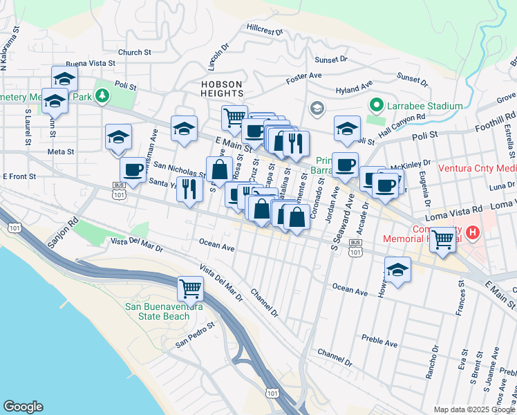 map of restaurants, bars, coffee shops, grocery stores, and more near 205 Anacapa Street in Ventura