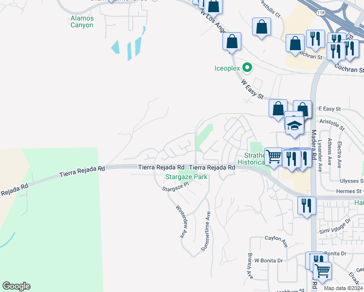 map of restaurants, bars, coffee shops, grocery stores, and more near 375 Jeremiah Drive in Simi Valley
