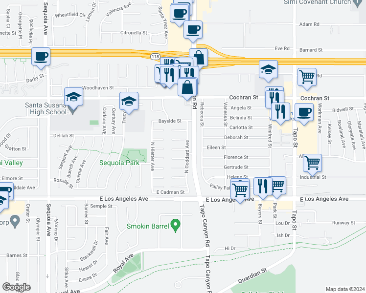 map of restaurants, bars, coffee shops, grocery stores, and more near 3989 Frandon Court in Simi Valley