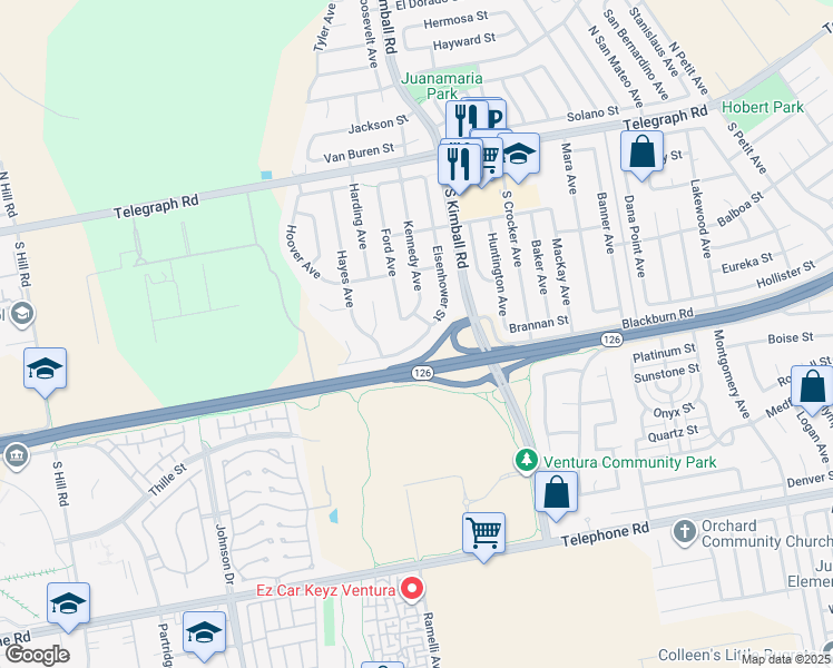 map of restaurants, bars, coffee shops, grocery stores, and more near 7505 Eisenhower Street in Ventura