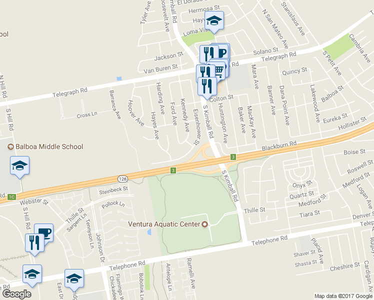 map of restaurants, bars, coffee shops, grocery stores, and more near 7505 Eisenhower Street in Ventura