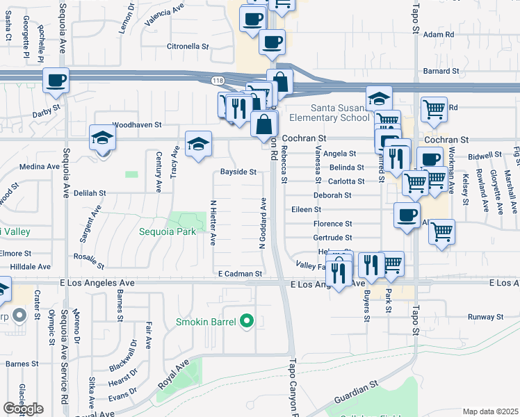 map of restaurants, bars, coffee shops, grocery stores, and more near 3997 Frandon Court in Simi Valley