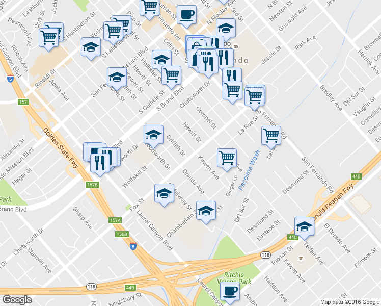 map of restaurants, bars, coffee shops, grocery stores, and more near 605 Fox Street in San Fernando