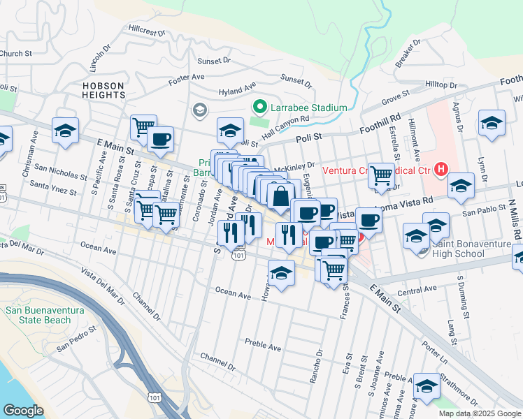 map of restaurants, bars, coffee shops, grocery stores, and more near 2424 East Main Street in Ventura