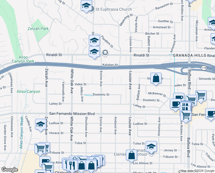 map of restaurants, bars, coffee shops, grocery stores, and more near 17440 Index Street in Los Angeles