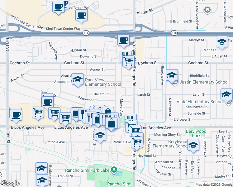 map of restaurants, bars, coffee shops, grocery stores, and more near 2230 Cordero Avenue in Simi Valley