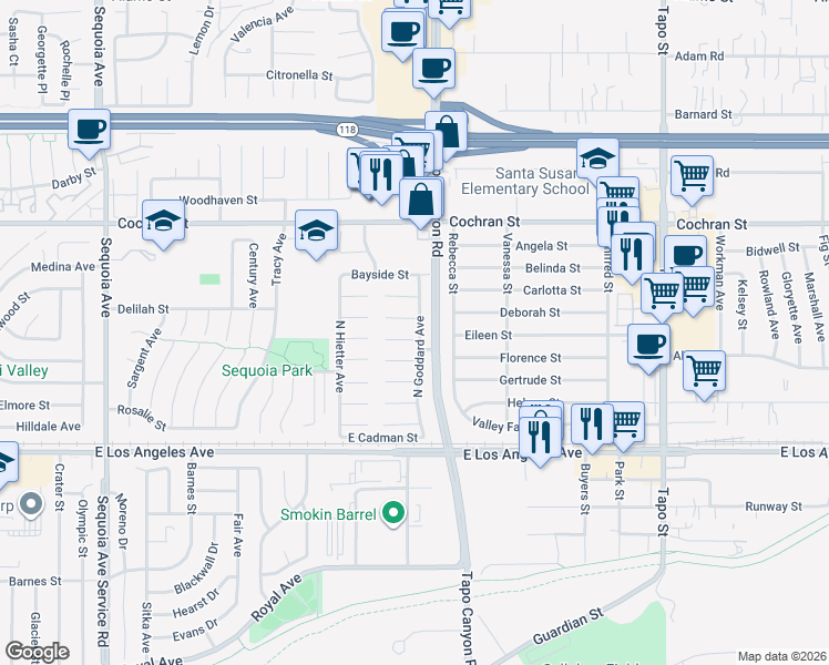 map of restaurants, bars, coffee shops, grocery stores, and more near 3968 Frandon Court in Simi Valley