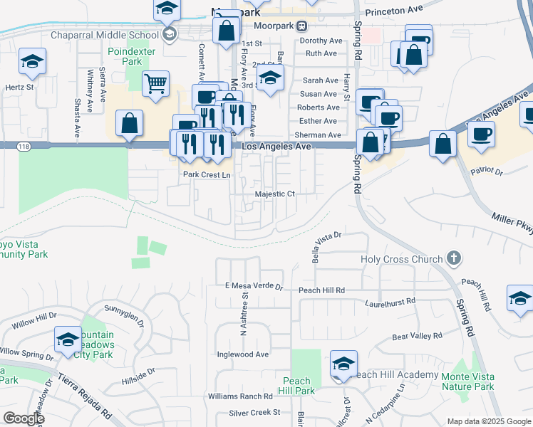 map of restaurants, bars, coffee shops, grocery stores, and more near 4704 Millard Street in Moorpark