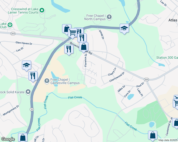 map of restaurants, bars, coffee shops, grocery stores, and more near 2963 Bentley Park Circle in Gainesville