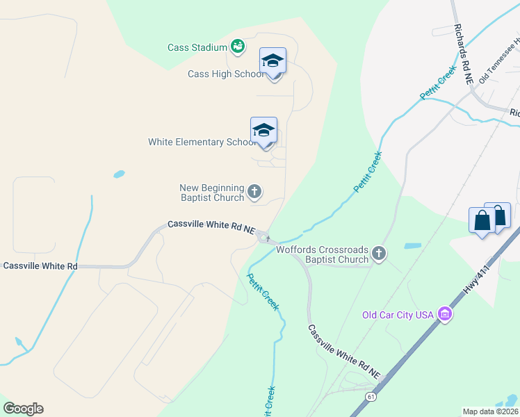 map of restaurants, bars, coffee shops, grocery stores, and more near 1381 Cass White Road in White
