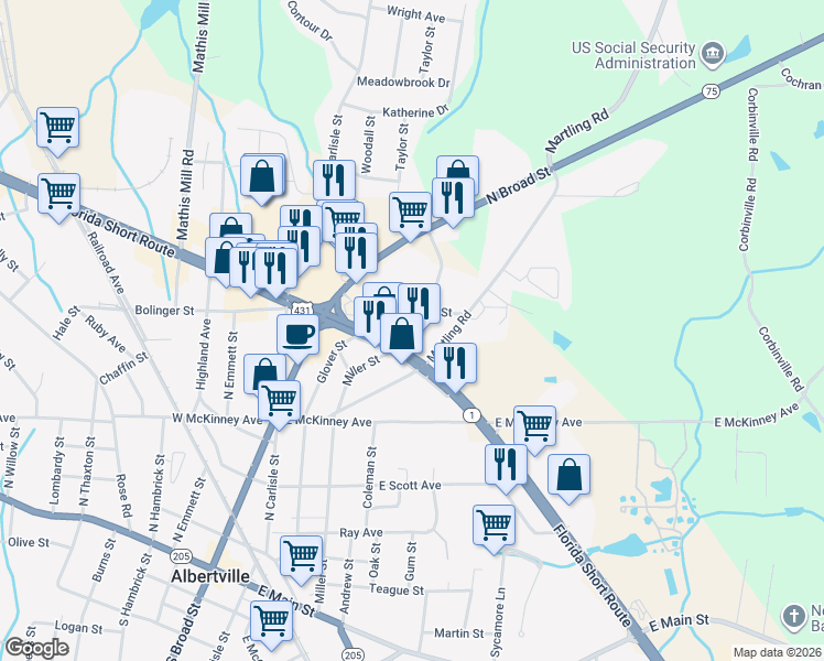 map of restaurants, bars, coffee shops, grocery stores, and more near in Albertville