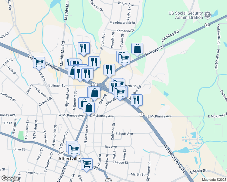 map of restaurants, bars, coffee shops, grocery stores, and more near 7007-7087 Florida Short Route in Albertville