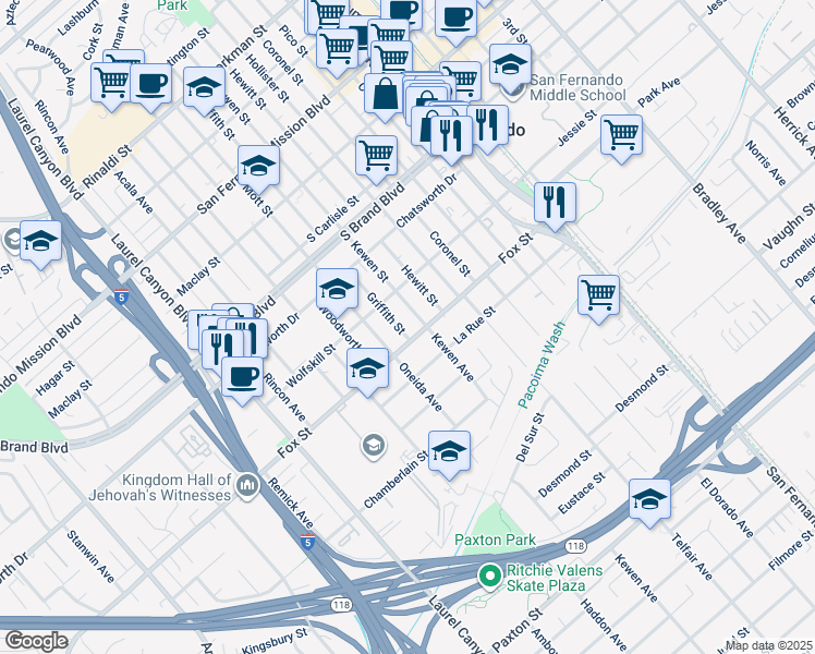 map of restaurants, bars, coffee shops, grocery stores, and more near 611 Griffith Street in San Fernando