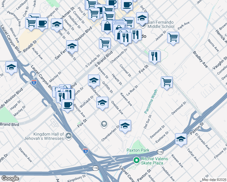 map of restaurants, bars, coffee shops, grocery stores, and more near 611 Griffith Street in San Fernando