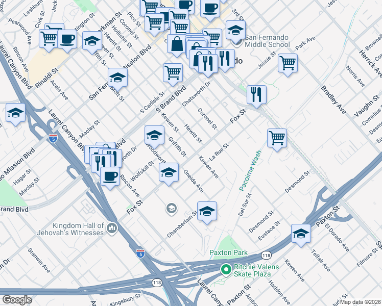 map of restaurants, bars, coffee shops, grocery stores, and more near 605 Fox Street in San Fernando