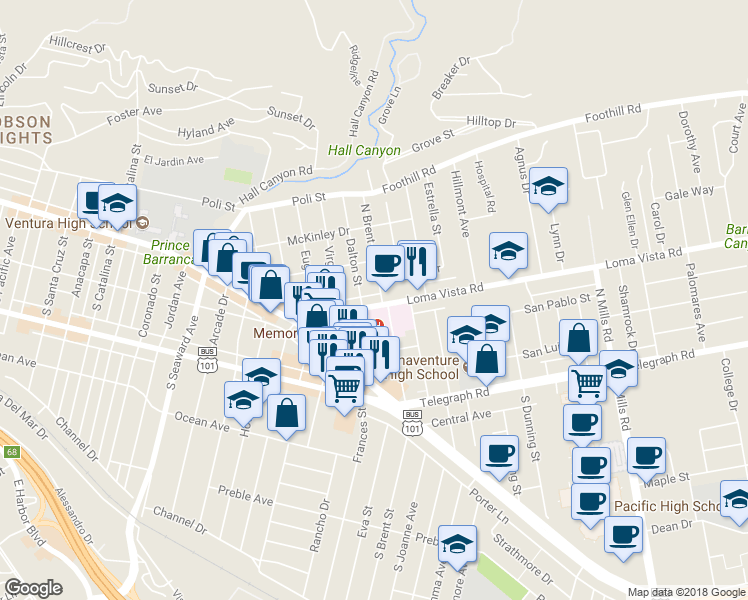 map of restaurants, bars, coffee shops, grocery stores, and more near 2833 Loma Vista Road in Ventura
