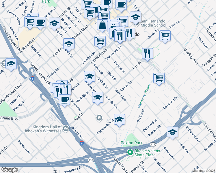 map of restaurants, bars, coffee shops, grocery stores, and more near 611 Griffith Street in San Fernando