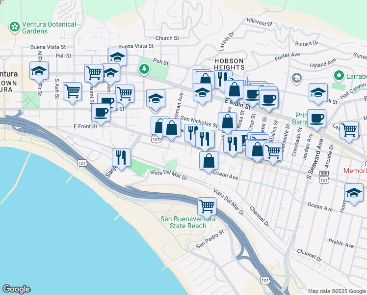 map of restaurants, bars, coffee shops, grocery stores, and more near 1612 East Thompson Boulevard in Ventura