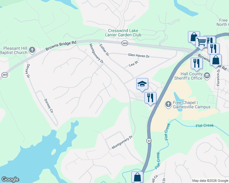 map of restaurants, bars, coffee shops, grocery stores, and more near 3736 Cherry Grove Road in Gainesville
