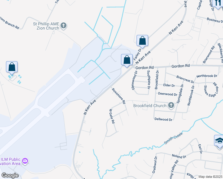 map of restaurants, bars, coffee shops, grocery stores, and more near 1644 North Kerr Avenue in Wilmington