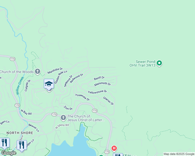 map of restaurants, bars, coffee shops, grocery stores, and more near Banff Drive in Lake Arrowhead