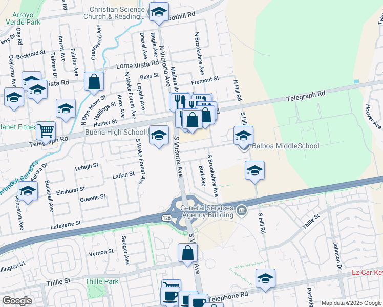 map of restaurants, bars, coffee shops, grocery stores, and more near 5980 Woodland Street in Ventura