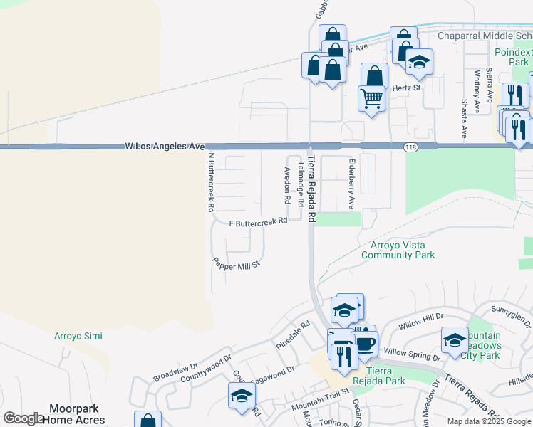 map of restaurants, bars, coffee shops, grocery stores, and more near 4667 Pepper Mill Street in Moorpark