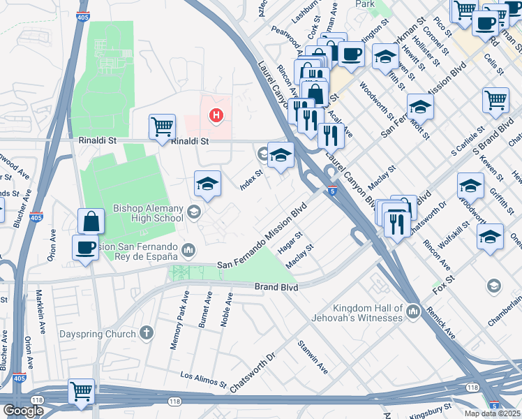 map of restaurants, bars, coffee shops, grocery stores, and more near 14844 Alexander Street in Los Angeles