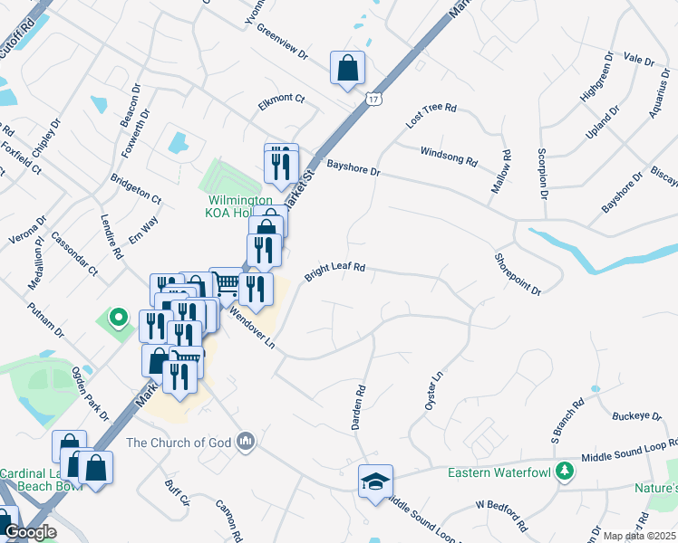 map of restaurants, bars, coffee shops, grocery stores, and more near 7354 Bright Leaf Road in Wilmington