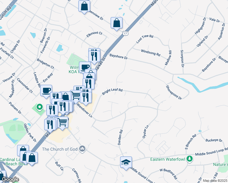 map of restaurants, bars, coffee shops, grocery stores, and more near 7354 Bright Leaf Road in Wilmington